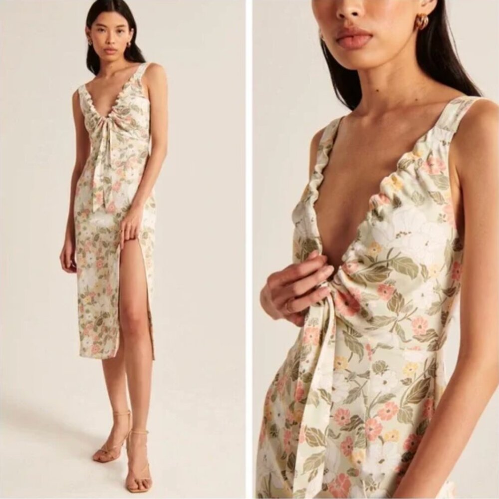 Abercrombie Cinch Neck Slip Midi Dress - Medium - Green Floral